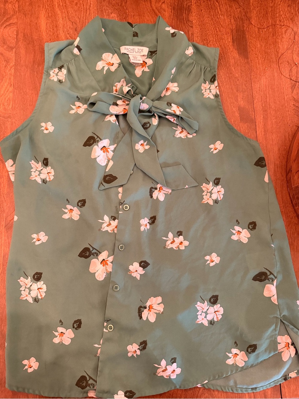 Rachel Zoe Sage Green Floral Tie-Bow Sleeveless Blouse